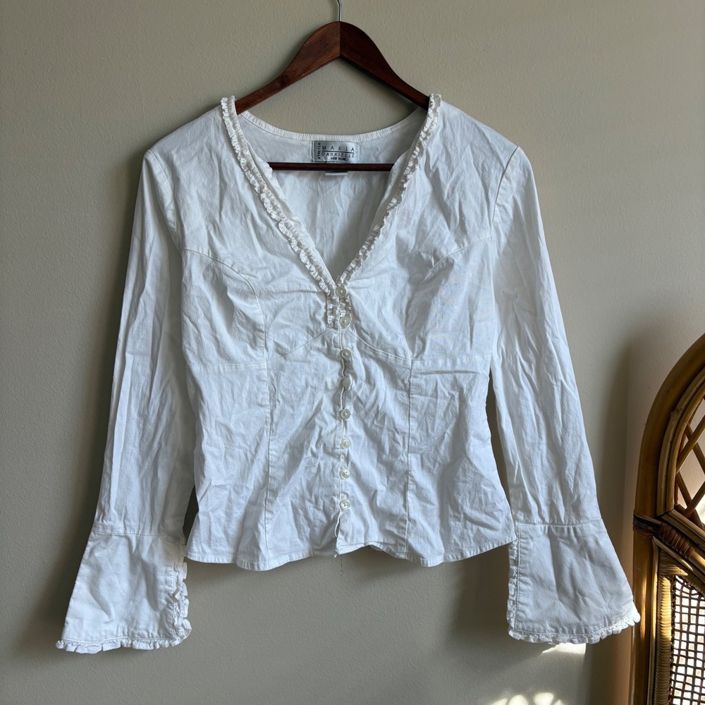 Vintage 1990s Maria Gabrielle Womens Ruffle Flared Sleeve Button Down Blouse